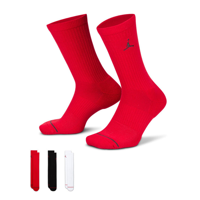 3-pack unisex crew socks in red, black Jordan logo, ribbed knit