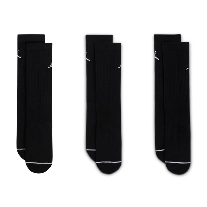 Black crew socks with white Jordan logos, contrasting white toe trim, 3-pack