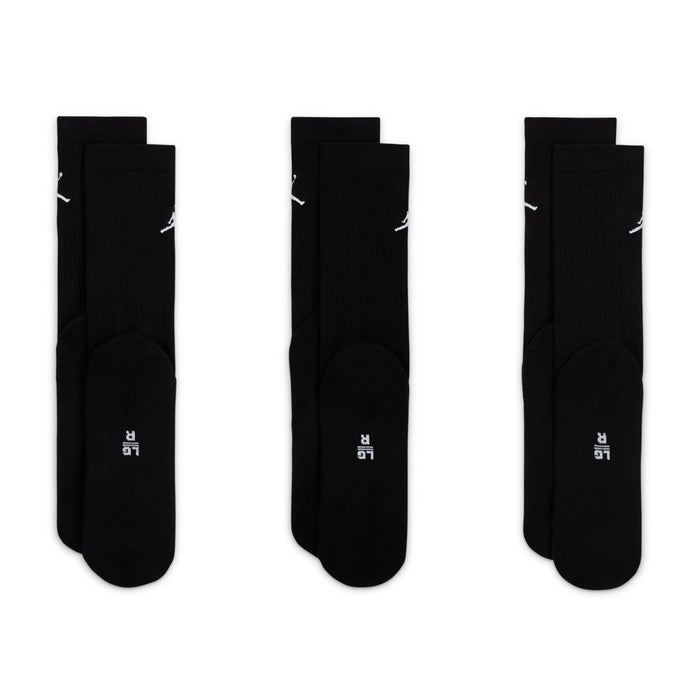 Black crew socks set with white Jordan ankle and foot logos, cushioned toe, 3-pack