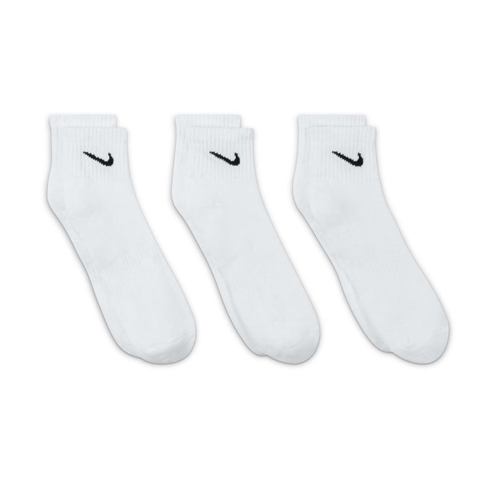 Three white quarter crew socks with black Nike swoosh logos