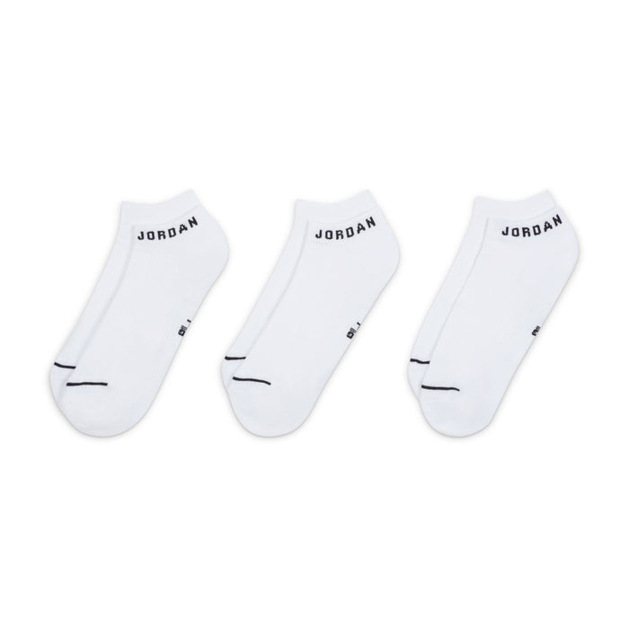 3-pack no-show socks, white with JORDAN branding on cuff and thin black lines