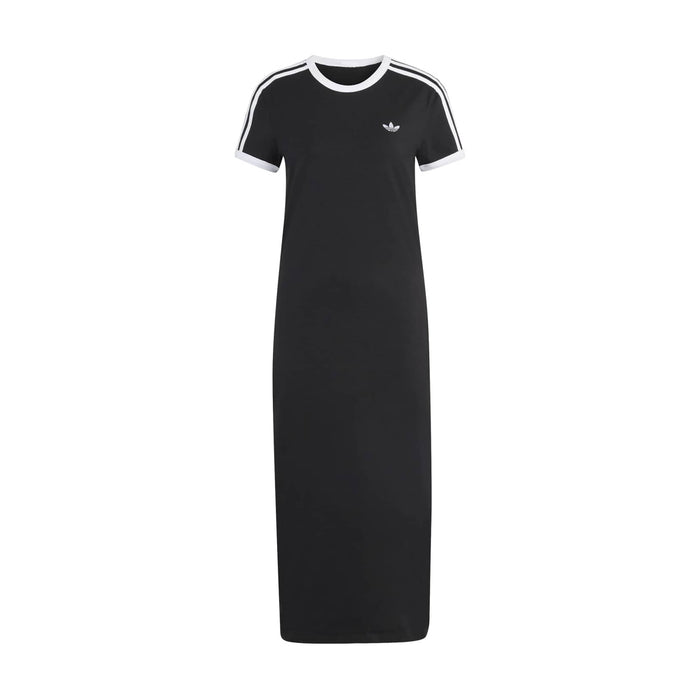 Women's black midi T-shirt dress with white crew neck and three white sleeve stripes