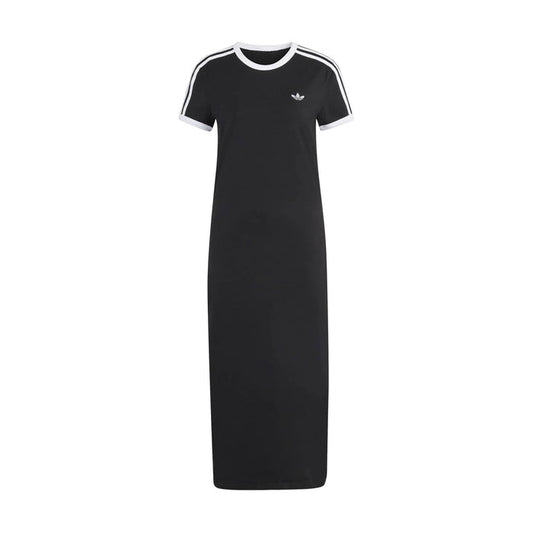 Women's black midi T-shirt dress with white crew neck and three white sleeve stripes