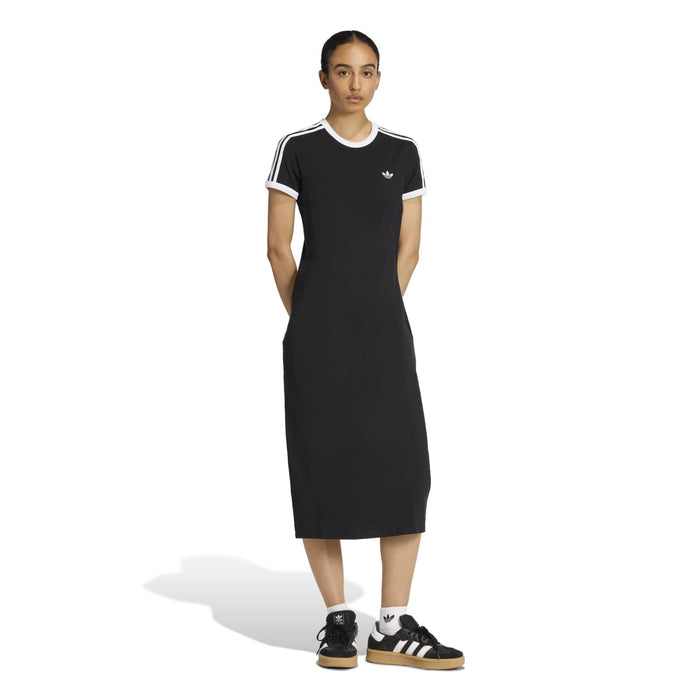 Women's black midi T-shirt dress with white trim, three sleeve stripes, and small chest trefoil