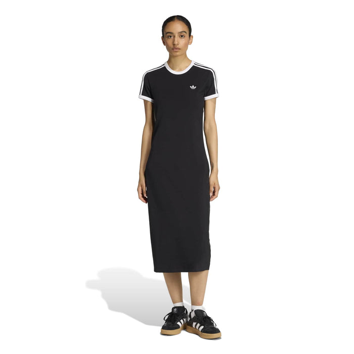 Women's black midi T-shirt dress with white-trim collar and three white sleeve stripes