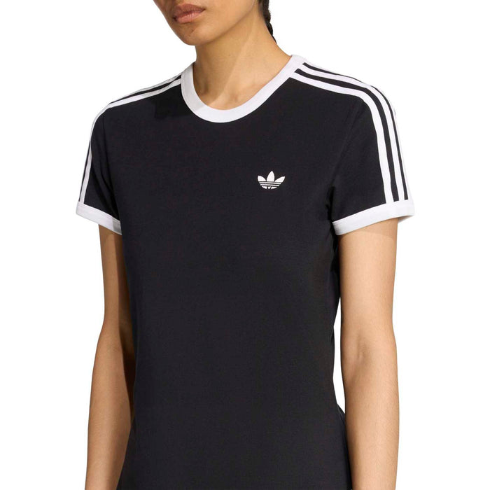 Women's black T-shirt dress neckline with white trim and chest trefoil with three stripes