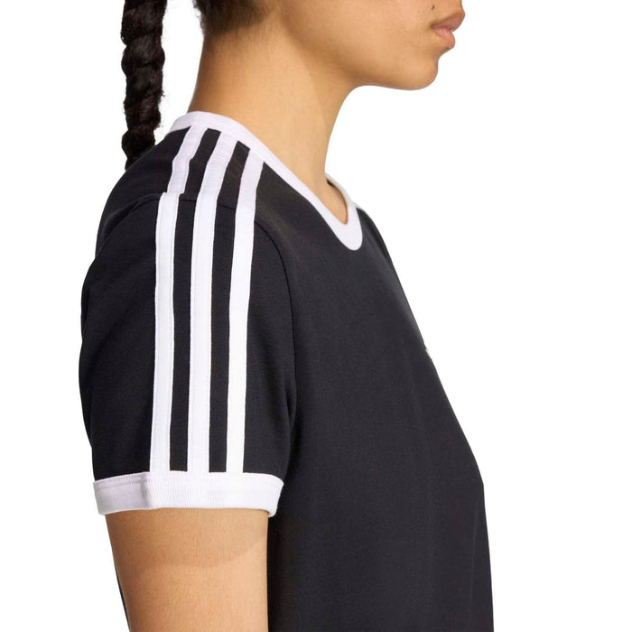 Women's black T-shirt dress sleeve with three vertical white stripes and white cuff trim