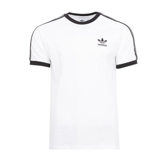 Men's white Adidas T-shirt with black crew neck trim and trefoil logo