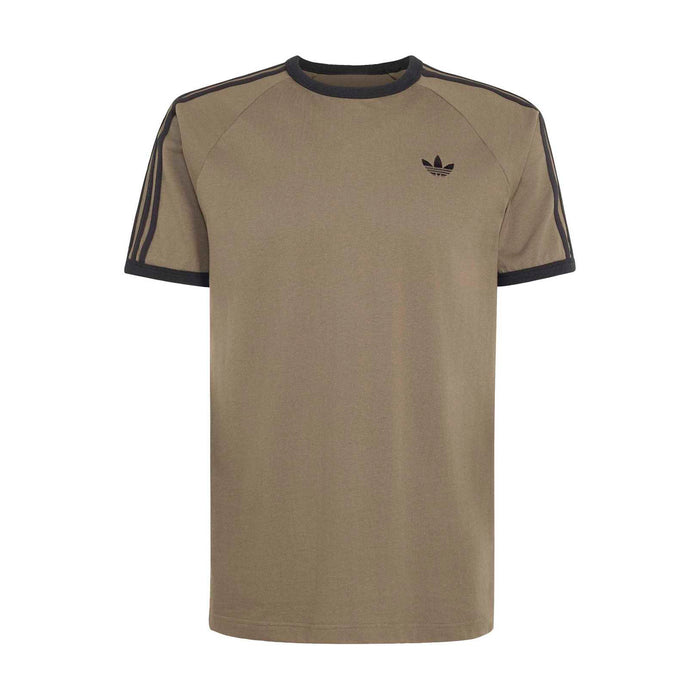 Olive-brown crew-neck T-shirt with three dark shoulder stripes and chest logo