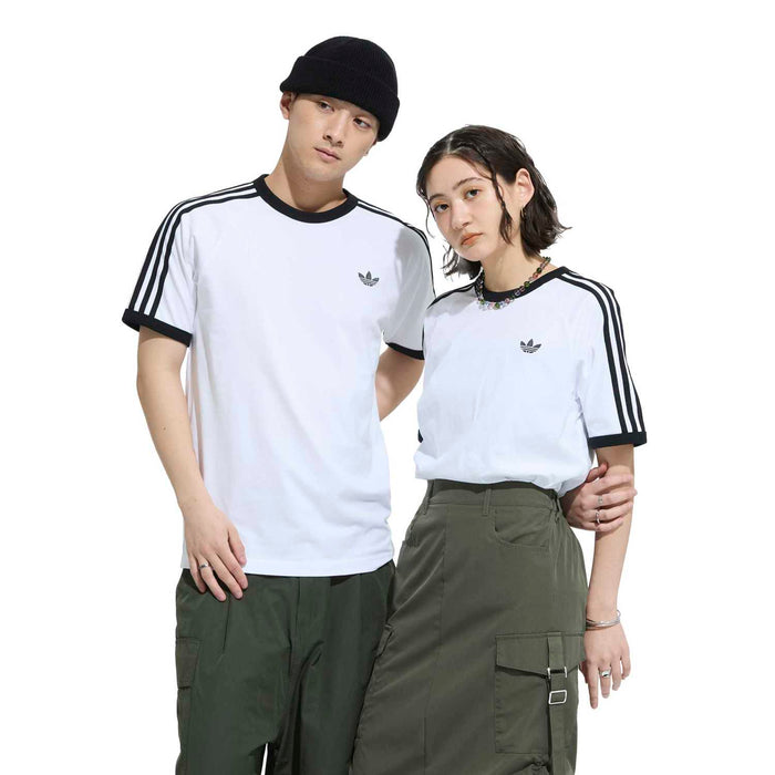 White adidas 3-stripe T-shirt with black trim, worn by two models