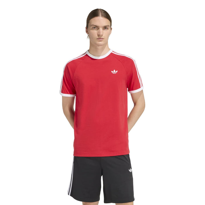 Red Adidas 3-Stripe crewneck tee with white sleeve stripes and trefoil chest logo