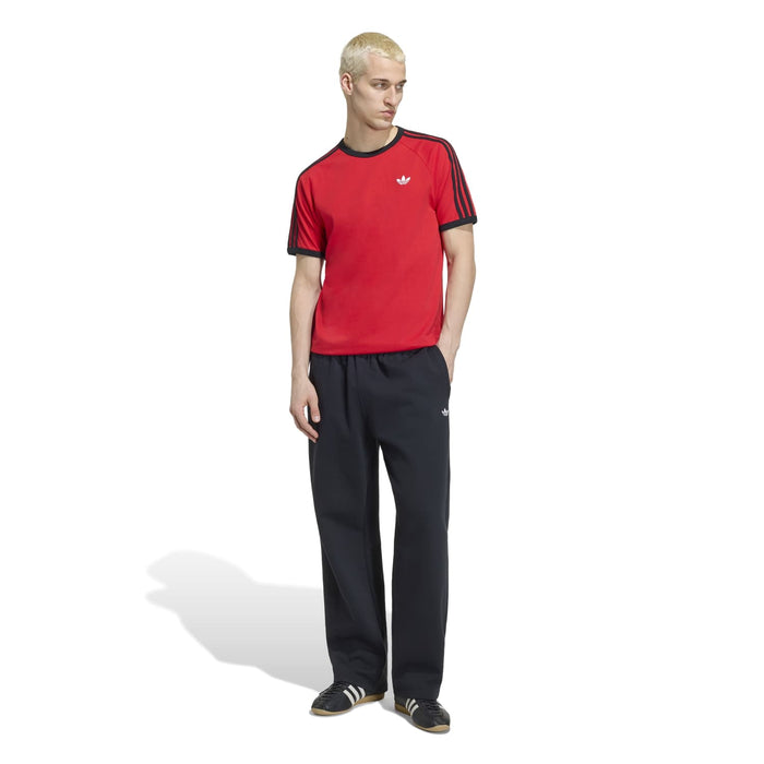 Men's red adidas T-shirt with black crew neck and three stripe sleeves
