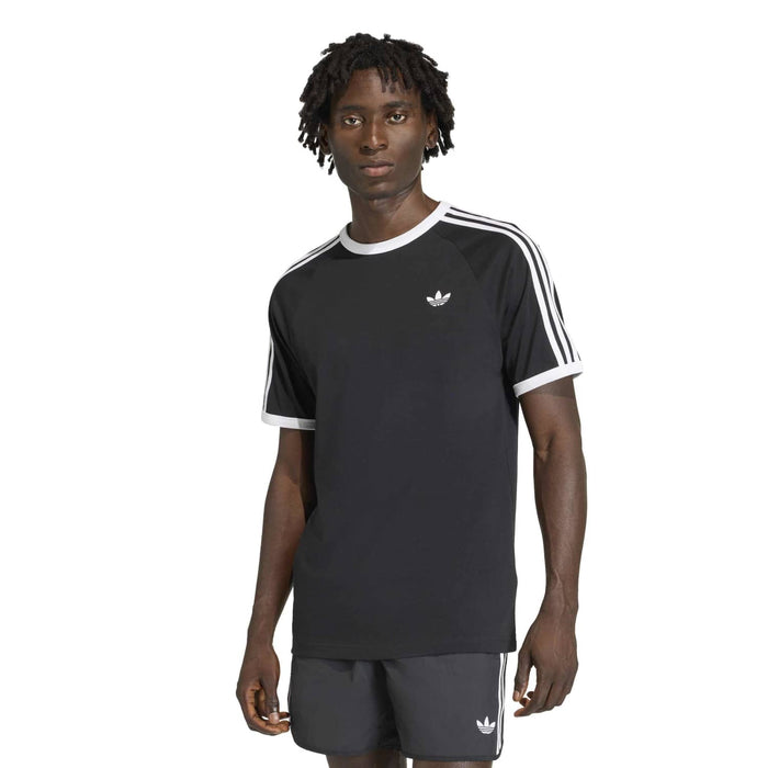 Black men's crewneck T-shirt with three white sleeve stripes and small trefoil logo