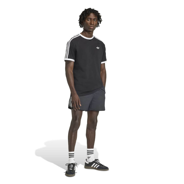 Black men's crewneck T-shirt with white three-stripe sleeves and trefoil logo
