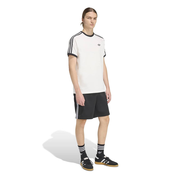 White adidas 3-stripe T-shirt with black sleeve stripes and ribbed collar