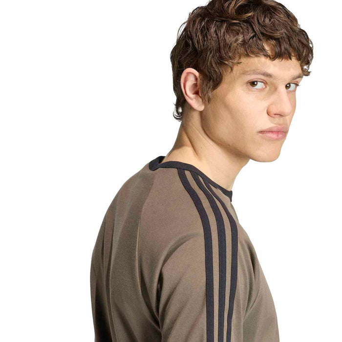 Men's olive-brown tee with three dark shoulder stripes and crew collar