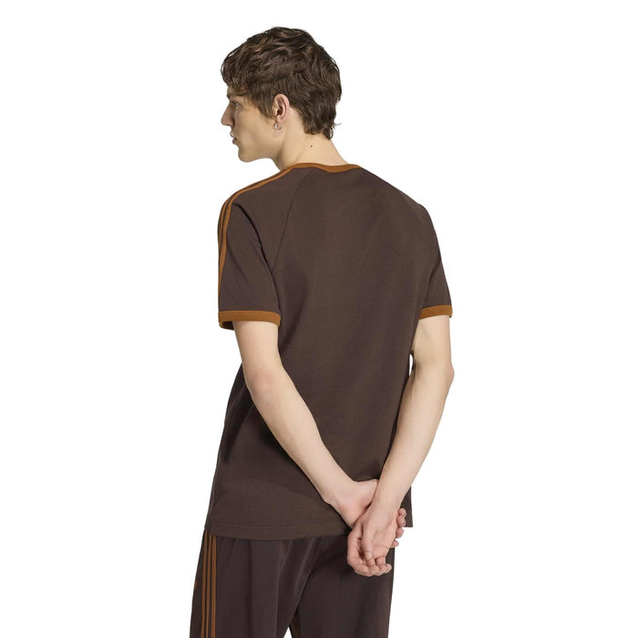 Men's brown T-shirt with orange collar trim and three stripe back shoulder accents