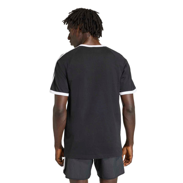 Black men's crewneck T-shirt with white collar trim and three-stripe sleeve accents