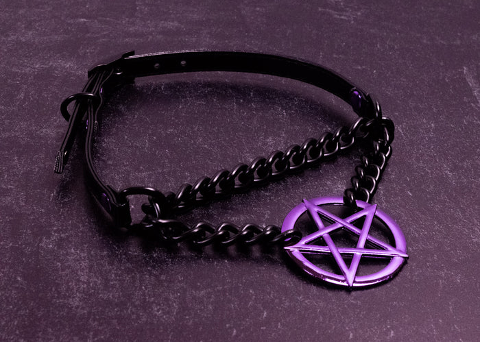 3/8" Purple Pentacle Black Vegan Leather Martingale Collar