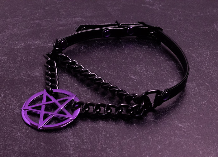 3/8" Purple Pentacle Black Vegan Leather Martingale Collar