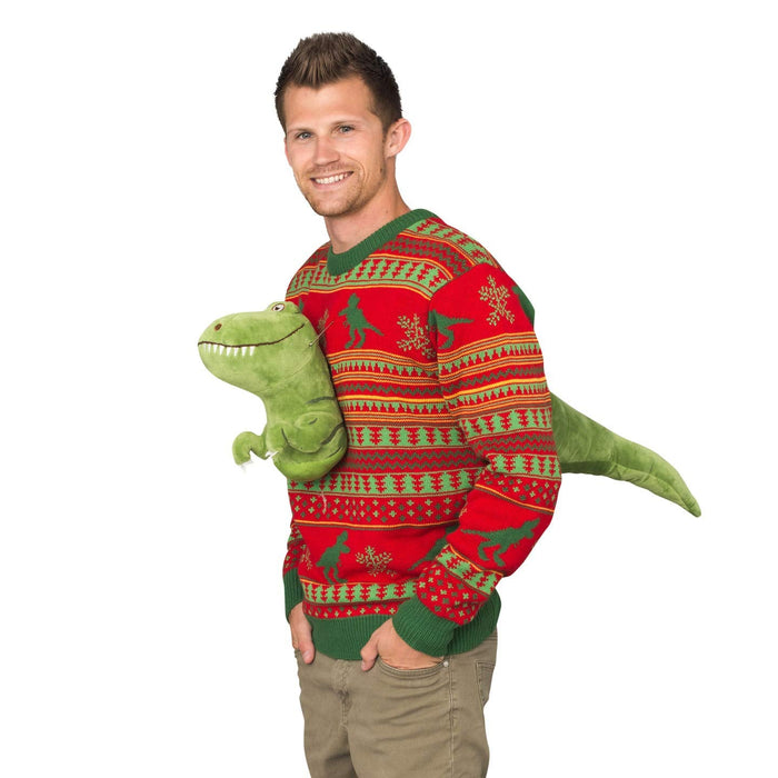 3D T-Rex Red and Green Adult Ugly Christmas Sweater - TVStoreOnline