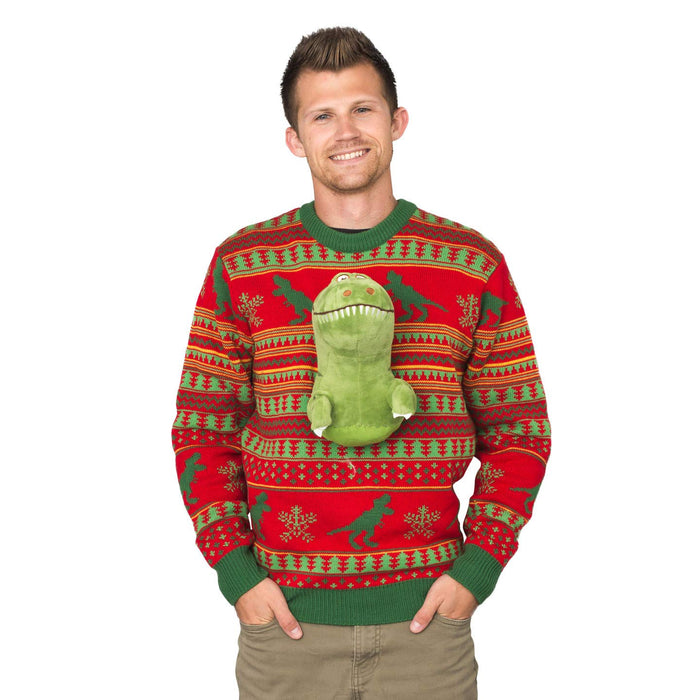 3D T-Rex Red and Green Adult Ugly Christmas Sweater - TVStoreOnline