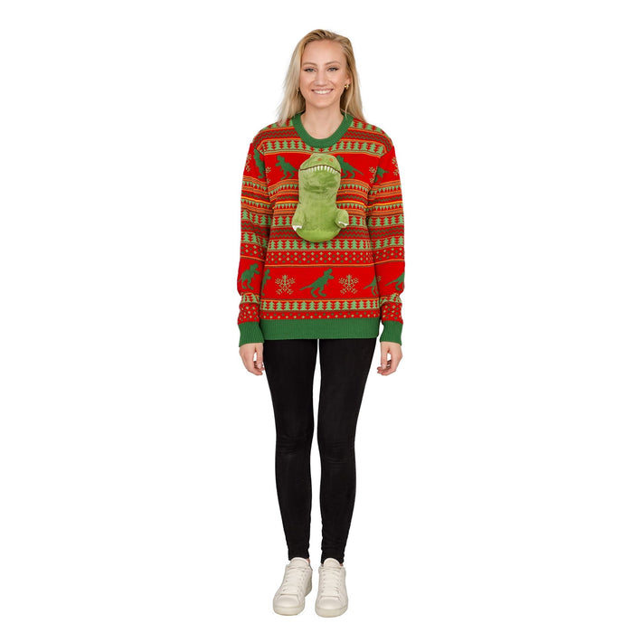 3D T-Rex Red and Green Adult Ugly Christmas Sweater - TVStoreOnline
