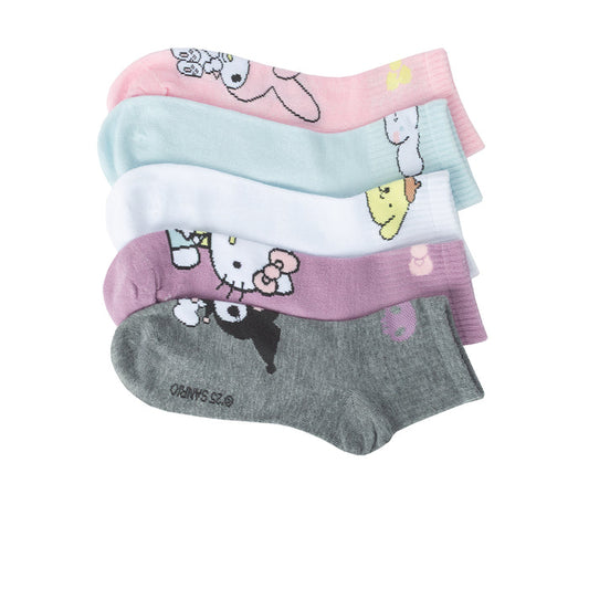 5-pack Hello Kitty & Friends ribbed quarter socks with multicolor character prints