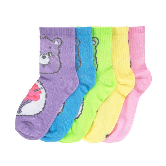 Kids mid-crew socks 5-pack with Care Bear faces, purple blue green yellow pink