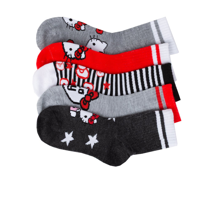 5-pack kids ribbed half-crew socks, Hello Kitty prints in red, gray, white, black