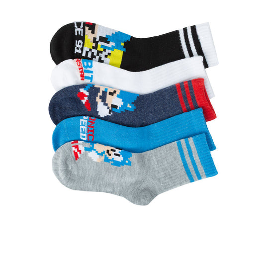Kids ribbed mid-crew socks, 5-pack, mix of blue, gray, black, white pixel and striped designs