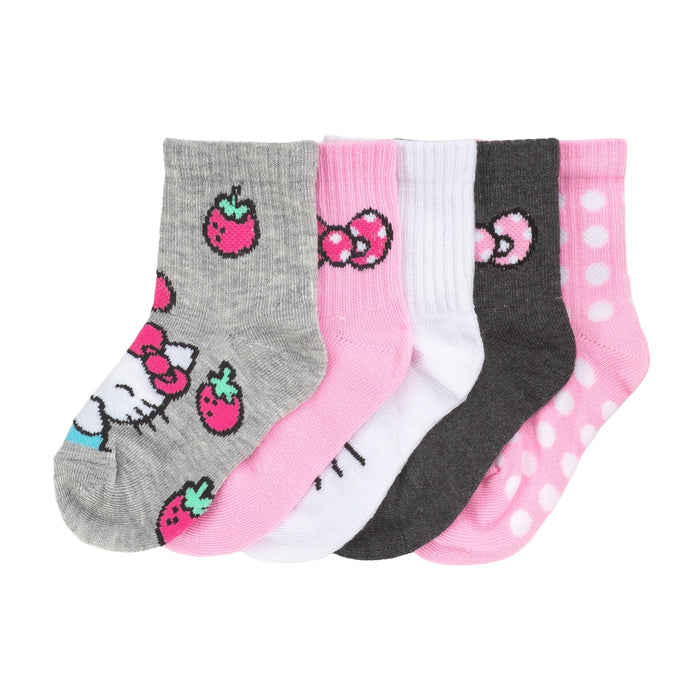 5-pack kids ribbed mid crew socks, grey/pink/white/black with Hello Kitty faces