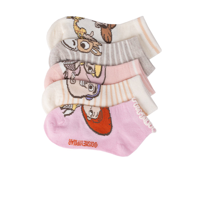 Kids quarter socks 5-pack with cartoon character prints, pink and white striped cuffs