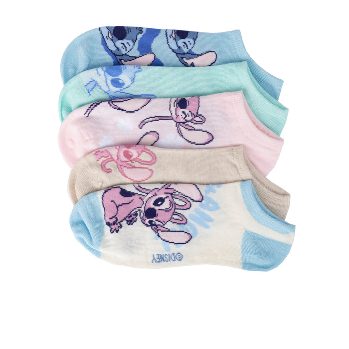5-pack no-show socks for adults, pastel blue pink beige with Stitch cartoon accents