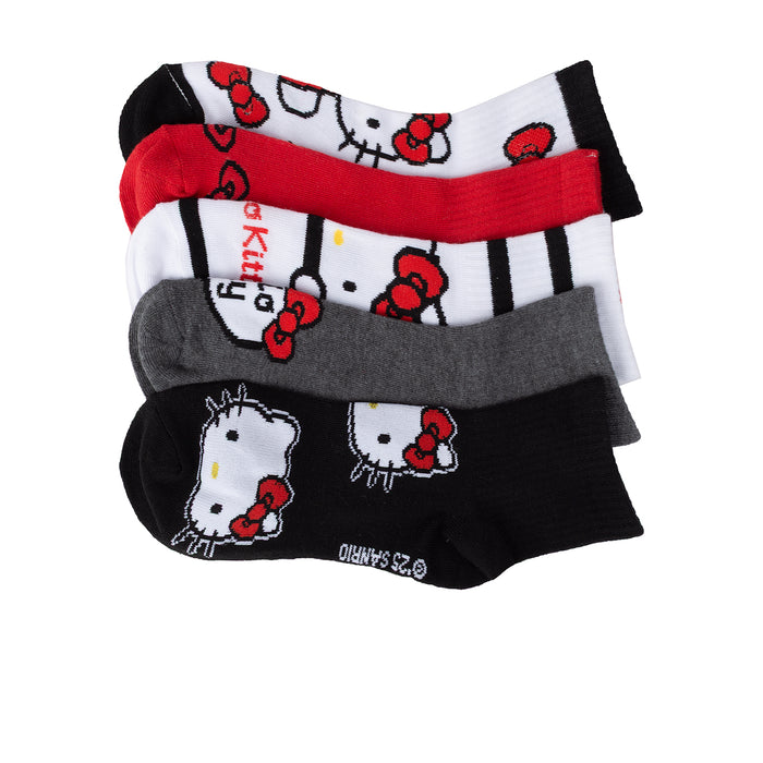 5-pack ribbed quarter socks for adults: red, white, black, gray, with Hello Kitty faces