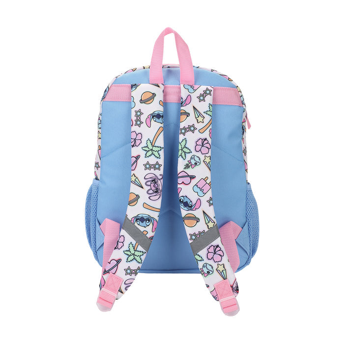 Stitch backpack with colorful front print and pink-lined zipper