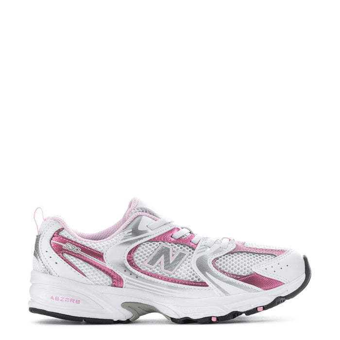 Kids running shoes in white with pink accents, mesh panels, lace-up closure