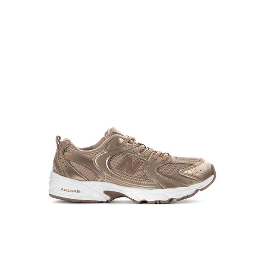 Kids beige lace-up athletic sneakers with N logo and white cushioned sole