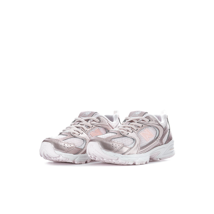 Kids lace-up running sneakers, shell pink and metallic with bold N logo and white sole