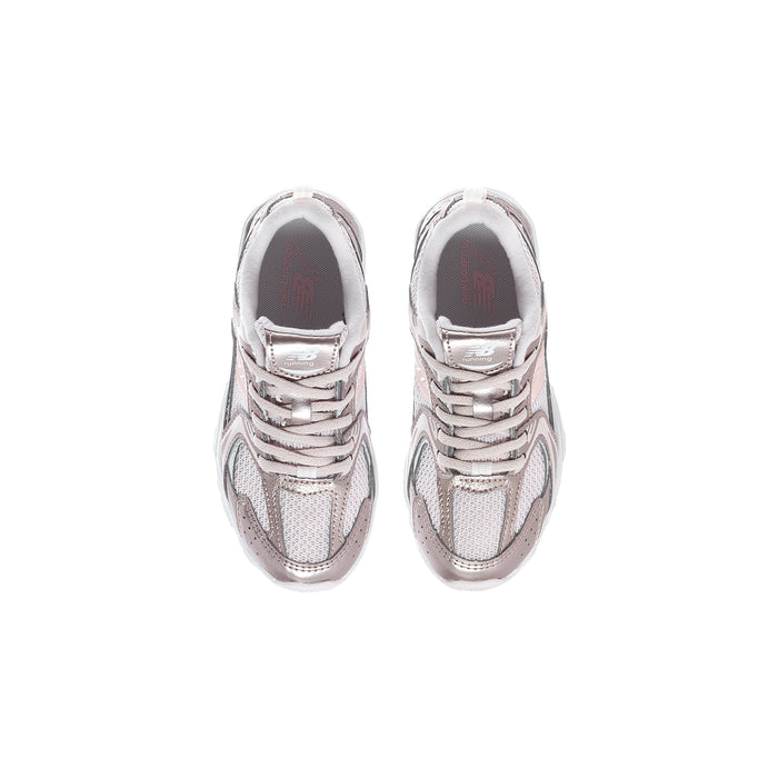 Kids lace-up sneakers, shell pink metallic uppers with padded collar and gray lining