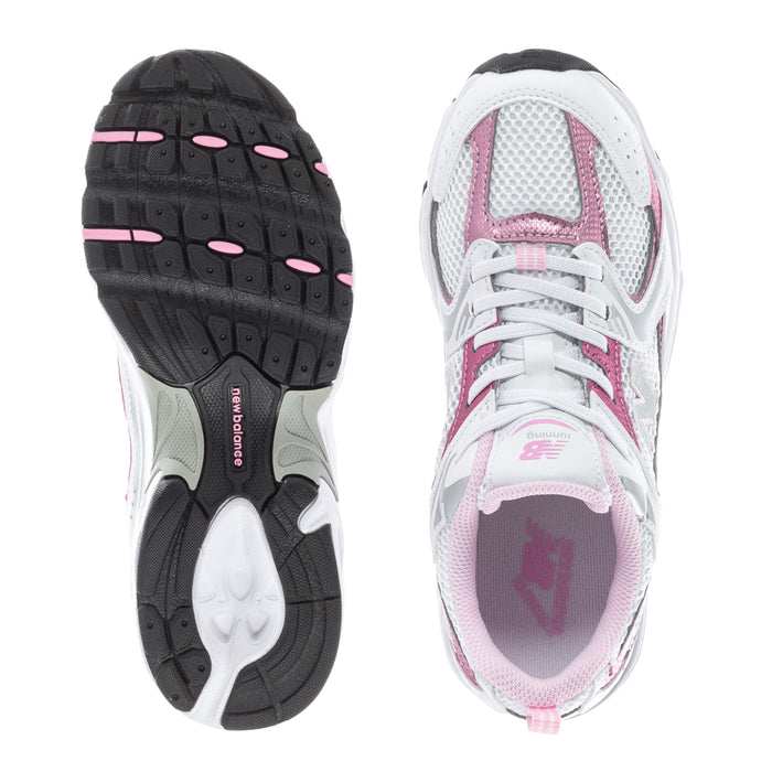 Kids sneaker outsole and upper, white with pink mesh panels, lace-up style