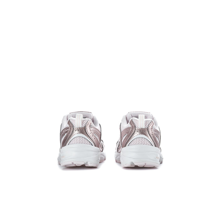Kids lace-up running sneakers, shell pink metallic uppers with white heel and midsole