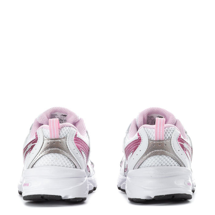 Kids sneaker heel view, white with pink trim, lace-up mesh upper and rubber sole