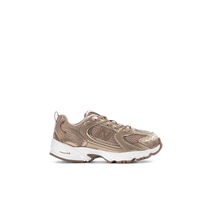 Toddler running sneaker in mushroom and driftwood with lace-up front and N logo