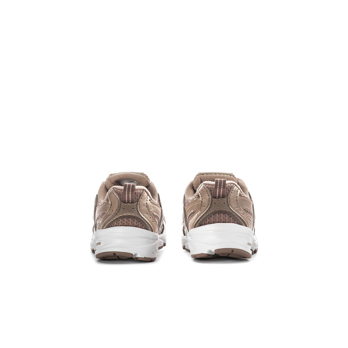 Toddler heel view lace-up sneaker with cushioned back and white sole