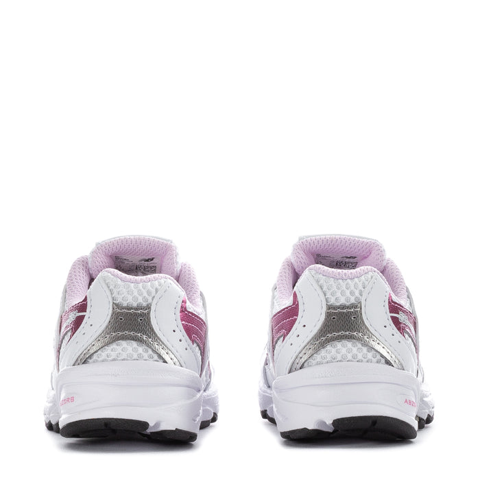 Toddler sneakers heel view, white uppers with pink overlays and cushioned lining