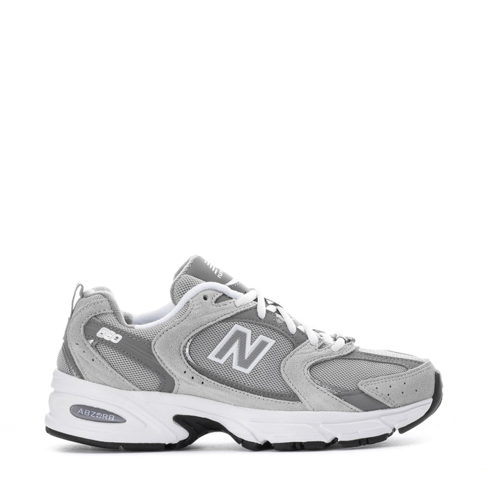 Women's wide gray New Balance 530 sneaker with white laces and N logo