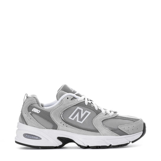Women's wide gray New Balance 530 sneaker with white laces and N logo