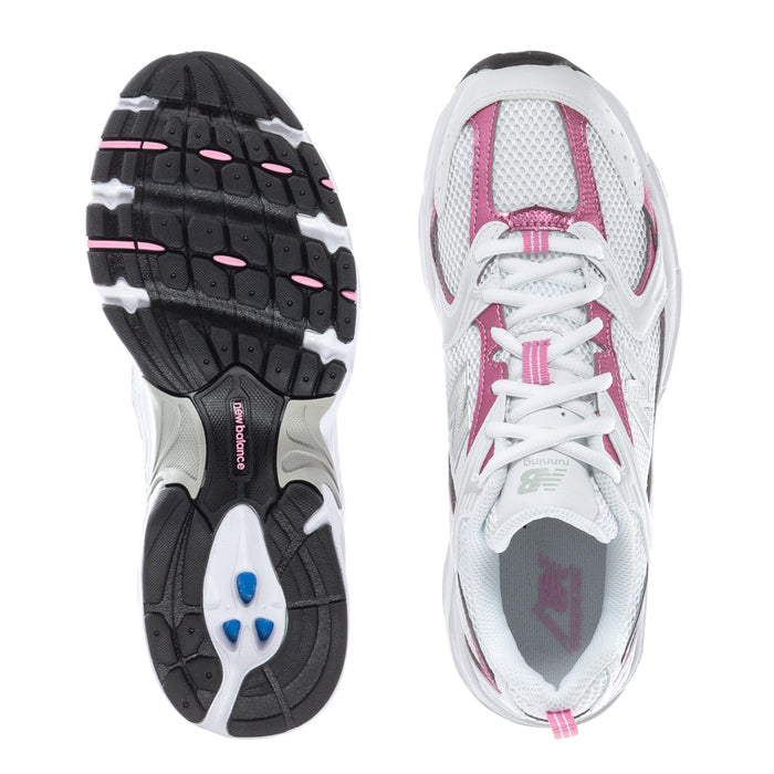 White and pink mesh running sneaker with lace-up front and padded collar