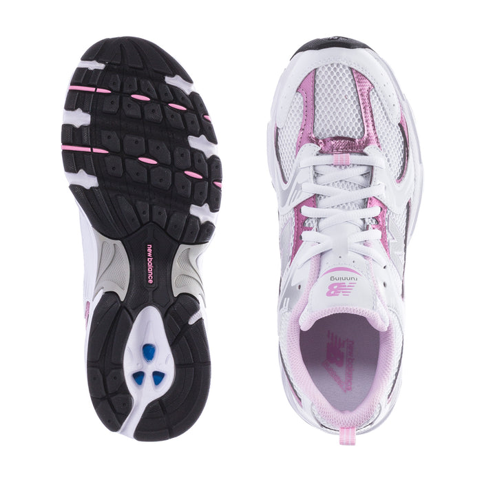 Youth sneaker showing outsole and inside lining, white with pink trim